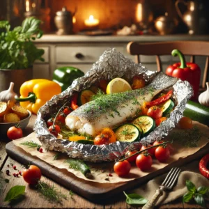 Een rustieke houten tafel met een ovenschaal waarin een kabeljauwfilet in folie is gebakken, omringd door kleurrijke groenten zoals paprika, courgette, cherrytomaatjes en wortel. De folie is deels geopend zodat de dampende vis en verse kruiden zoals dille en peterselie zichtbaar zijn. Een partje citroen en een straaltje olijfolie zorgen voor een frisse afwerking. Ernaast liggen geroosterde aardappelen. De achtergrond toont een gezellige keuken met warme verlichting.