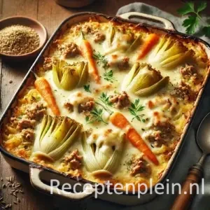 Ovenschotel met gehakt, venkel en wortel, bedekt met romige kaassaus en goudbruin gebakken op houten tafel.