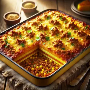 Ovenschotel met gele gierst, gehakt en kerrie, goudbruin gegratineerd met kruiden op houten tafel.