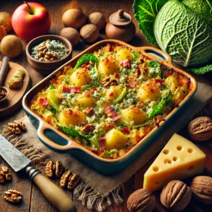 Een rustieke houten tafel met een versgebakken ovenschotel van Chinese en groene kool, aardappelen, blauwe kaas en walnoten, gegratineerd met krokant ontbijtspek. De schotel wordt geserveerd in een vintage keramische ovenschaal met een goudbruine korst, omringd door ingrediënten zoals hele walnoten, verse koolbladeren en een kaasmes.