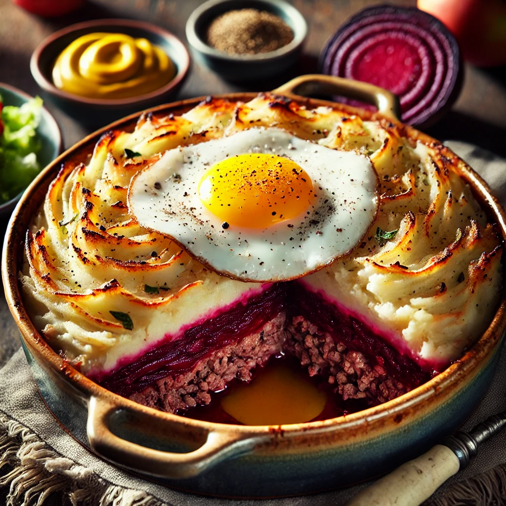 Ierse ovenschotel met lagen gehakt, rode biet en aardappelpuree, afgetopt met een spiegelei – comfortfood met biet in de hoofdrol, een hartige bietenschotel met ei, perfect ovenrecept voor herfstige dagen.