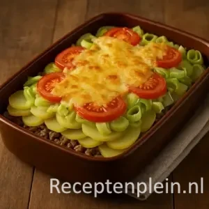Goudbruin gebakken ovenschotel met lagen van gehakt, prei, aardappel en tomaat, afgedekt met gesmolten kaas in een bruine ovenschaal op een houten tafel.