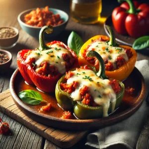 Een rustieke houten tafel met een prachtig gepresenteerd gerecht van Spaanse gevulde paprika's met chorizo en gesmolten mozzarella. De paprikahelften zijn gevuld met een smaakvol mengsel van gebakken uien, chorizo en kruiden, afgetopt met goudbruine, smeuïge mozzarella en gegarneerd met een takje verse basilicum.