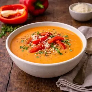Vierkante portie paprika-mierikswortelsoep in een rustieke kom, gegarneerd met paprikareepjes en mierikswortel, geserveerd op een houten tafel met linnen servet en lepel ernaast.