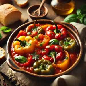 Rode, gele en groene paprika’s langzaam gestoofd in een rijke tomatensaus, glanzend en mals, gegarneerd met verse basilicum en peterselie. Geserveerd in een keramische schaal met een stuk knapperig brood ernaast, in een warme mediterrane setting.