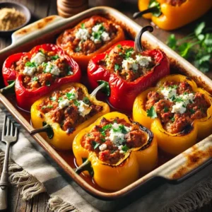 Rode en gele paprika’s uit de oven, gevuld met gekruid gehakt en verkruimelde feta. Het geheel is afgewerkt met verse kruiden zoals peterselie en oregano, geserveerd in een keramische ovenschaal met warme, mediterrane sfeer.