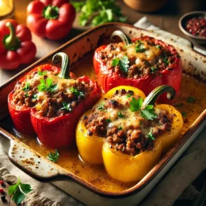Rode en gele paprika’s uit de oven, gevuld met gekruid gehakt met ui en kruiden, afgetopt met gesmolten kaas en verse peterselie. Geserveerd in een keramische ovenschaal op een houten tafel in een warme, huiselijke sfeer.