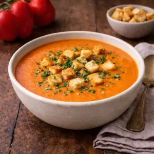 Kom paprika-crèmesoep met krokante croutons en fijngehakte bieslook, gepresenteerd op een rustieke houten tafel met een linnen servet en lepel.