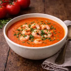 Kom romige paprikasoep met garnalen, rijkelijk gegarneerd met verse bieslook, op een rustieke houten tafel met linnen servet en lepel, omringd door verse tomaten en paprika.