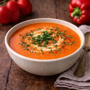 Romige paprikasoep met tomaat, geserveerd in een keramieken kom op een rustieke houten tafel, afgewerkt met peterselie en paprikapoeder, met verse paprika en tomaten op de achtergrond.