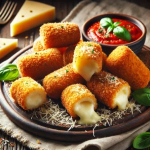 Een bord met knapperige, goudbruine Parmezaanse kaaskroketten, vers gebakken en gerangschikt op een rustieke houten plank. De rechthoekige kroketten hebben een krokante paneerlaag en één kroket is doorgesneden, waardoor de romige, gesmolten Parmezaanvulling zichtbaar is. Het gerecht is gegarneerd met verse basilicumblaadjes en een snufje geraspte Parmezaanse kaas. Ernaast staat een schaaltje marinara-dipsaus. De setting bevat een houten tafel, een linnen servet en warme sfeerverlichting die de rijke texturen en smaken benadrukt.