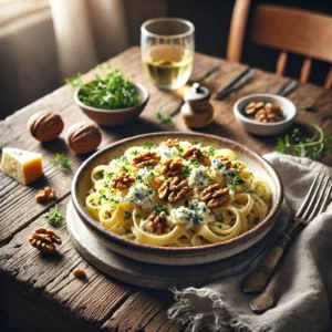 Een rustieke houten tafel met een prachtig opgemaakt pastagerecht, belegd met romige gorgonzolakaas en walnoten. Het gerecht is gegarneerd met verse kruiden en geserveerd in een rustiek, wit keramisch bord. Het zachte licht van de tafel benadrukt de romige textuur van de pasta en de knapperige walnoten.