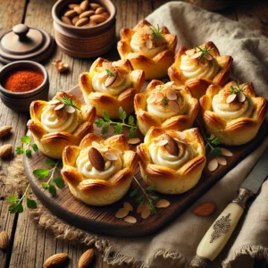 Goudbruine, knapperige pasteibakjes gevuld met romige roomkaas en bestrooid met geroosterde amandelen. De pasteitjes zijn gegarneerd met verse tuinkers en een vleugje paprikapoeder voor extra kleur en smaak. Enkele pasteibakjes zijn opengesneden, zodat de zachte, smeuïge vulling zichtbaar is. Ze worden geserveerd op een houten plank, met een klein schaaltje extra amandelen en een vintage mes. Zachte natuurlijke verlichting benadrukt de krokante textuur en warme tinten van het gerecht.