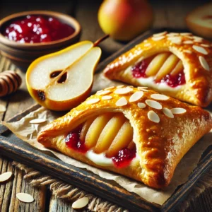 Een rustieke houten tafel met een versgebakken dessert van perenflapjes gevuld met roomkaas en aardbeienjam. De flapjes zijn goudbruin, met een glanzende honingglazuur en bestrooid met geschaafde amandelen. De peren zijn zichtbaar door het bladerdeeg, en de rustieke setting heeft zacht licht dat de warme, uitnodigende sfeer van dit herfst- of wintertraktatie benadrukt.