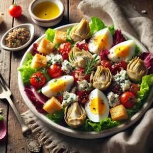 Een smaakvolle Piëmontese salade met knapperige rode sla, verkruimelde gorgonzola, stukjes hardgekookt ei en dun gesneden rode paprika, geserveerd in een witte keramische kom. Gemarineerde artisjokhartjes en knapperige goudbruine croutons zorgen voor extra smaak en textuur. De salade is besprenkeld met een lichte vinaigrette van olijfolie, citroensap en ansjovispasta. Op de rustieke houten tafel liggen een linnen servet, een vintage vork en een klein schaaltje met extra dressing. Zachte natuurlijke verlichting benadrukt de rijke kleuren en structuren van het gerecht.