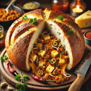Rond wit vloerbrood gevuld met pittig gehakt, kaas, taugé en Oosterse smaken, gebakken en opengesneden geserveerd op houten plank.