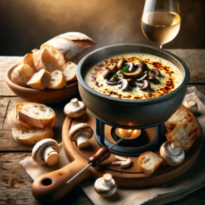 Een rustieke houten tafel met een pittige blauwe-kaasfondue, geserveerd in een traditionele caquelon. De fondue is romig en vol van smaak, gegarneerd met gebakken champignons. Ernaast liggen stukjes knapperig brood, verse champignons en een glas droge witte wijn.