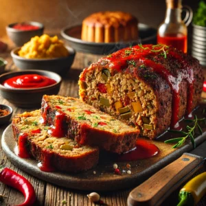 Cajun gehaktbrood met groenten en specerijen, goudbruin gebakken en in plakken geserveerd met kruidengarnering en pittige saus op een rustiek bord.