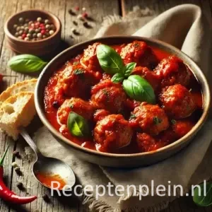 Gehaktballen in een kruidige tomatensaus met chili en basilicum, geserveerd in een kom met een stuk brood en een lepel ernaast op een rustieke houten tafel.