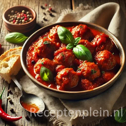 Gehaktballen in een kruidige tomatensaus met chili en basilicum, geserveerd in een kom met een stuk brood en een lepel ernaast op een rustieke houten tafel.