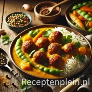 Goudbruine gehaktballetjes met gember in een gele kerrie-gembersaus, geserveerd met basmatirijst en roergebakken groenten zoals wortel en peultjes op een rustieke houten tafel, met wat saus langs het bord en een lepel nonchalant ernaast.