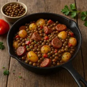 Een pittige kapucijnerschotel met gehakt, salami, aardappels en paprika in een gietijzeren pan op een rustieke houten tafel met natuurlijke belichting en subtiele props zoals een houten lepel en een glas rode wijn
