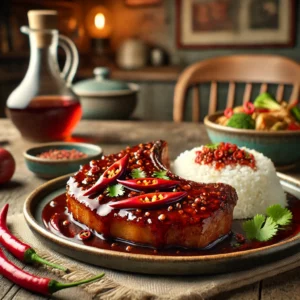 Een rustieke houten tafel met een bord pittige karbonade, geglazuurd in een rijke, donkere ketjapsaus. De karbonade is gegarneerd met rode chilipeper en verse koriander. Een bijgerecht van gestoomde rijst en roergebakken groenten maakt het gerecht compleet. De achtergrond toont een gezellige keuken met warme verlichting.