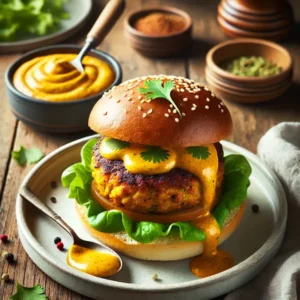 Haarscherpe afbeelding van een enkele kerrieburger in een broodje met sla en kruiden, geserveerd met romige mangosaus in een kommetje ernaast en licht over de burger gedruppeld. Afgewerkt met verse koriander op een rustieke houten tafel.