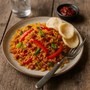 Een bord pittige nasi goreng met spekjes, paprika en prei, geserveerd met cassavekroepoek op een rustieke houten tafel met natuurlijke belichting en subtiel bestek.
