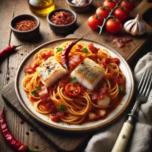 Een heerlijk bord pittige spaghetti met een rijke tomatensaus, stukjes witte vis en knapperige reepjes spek. Rode chilipepers zorgen voor een pittige kick, terwijl verse bladselderij het gerecht een frisse touch geeft. Op de achtergrond een rustieke houten tafel met extra vis, krokant spek en een schaaltje chilivlokken. De warme, natuurlijke belichting benadrukt de diepe smaken en romige textuur van deze Italiaanse pasta.