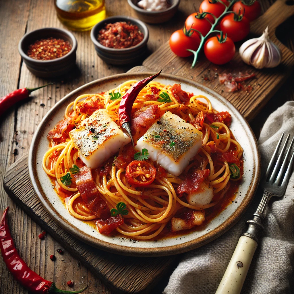 Een heerlijk bord pittige spaghetti met een rijke tomatensaus, stukjes witte vis en knapperige reepjes spek. Rode chilipepers zorgen voor een pittige kick, terwijl verse bladselderij het gerecht een frisse touch geeft. Op de achtergrond een rustieke houten tafel met extra vis, krokant spek en een schaaltje chilivlokken. De warme, natuurlijke belichting benadrukt de diepe smaken en romige textuur van deze Italiaanse pasta.