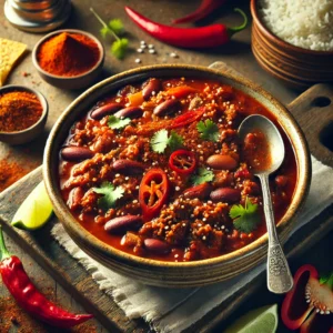 Kruidige chili con carne recept met gehakt, paprika en rode kidneybonen, geserveerd in een rustieke schaal met tabasco en koriander – een Mexicaanse stoofschotel en bonenschotel met gehakt die comfortfood en pit combineert.