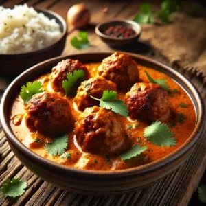 Kruidige gehaktballetjes, goudbruin gebakken en geserveerd in een romige currysaus. Afgewerkt met verse koriander en vergezeld van een kom basmatirijst, in een warme en huiselijke setting.
