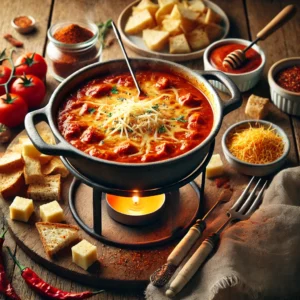 Een dampende pot pittige tomaten-kaasfondue met een rijke oranje-rode kleur, gemaakt van gesmolten kaas en tomatensap, met een vleugje chili. Rondom de fondue staan stukjes knapperig stokbrood, geroosterde groenten en tortilla chips om te dippen. Een snufje geraspte kaas en chilipoeder zorgen voor extra smaak. De rustieke houten tafel is sfeervol gedekt met een linnen servet, vintage fonduevorken en een klein schaaltje extra chilivlokken.