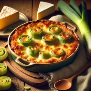 Een rustieke houten tafel met een romige preischotel, gebakken in een keramische ovenschaal met gesmolten camembert en een goudbruine kaaslaag. Ernaast liggen verse preiringen, een klein stukje camembert en een houten lepel.