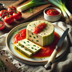 Een verfijnde preiterrine, glad en romig, geserveerd met een levendige rode tomatencoulis. De terrine is in plakken gesneden en elegant opgemaakt met een garnituur van fijngesneden kruiden en een vleugje zwarte peper. Naast het bord ligt een vintage mes en een linnen servet op een rustieke houten tafel. Op de achtergrond een houten snijplank met verse prei, rijpe tomaten en een schaaltje coulis. De warme, natuurlijke belichting benadrukt de zachte textuur en frisse smaken van dit klassieke voorgerecht.