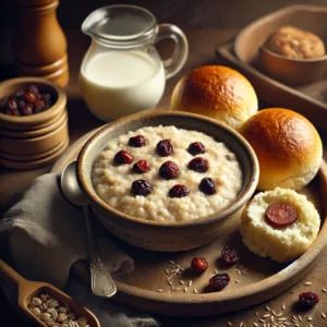 Warme krentenpap met rozijnen geserveerd in een kom, vergezeld door twee worstenbollen op een houten tafel met landelijke uitstraling.