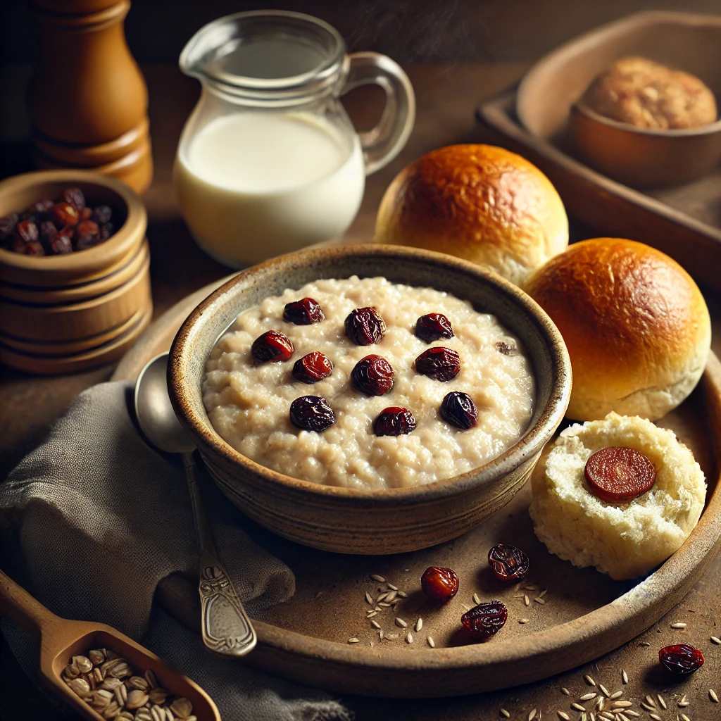 Warme krentenpap met rozijnen geserveerd in een kom, vergezeld door twee worstenbollen op een houten tafel met landelijke uitstraling.
