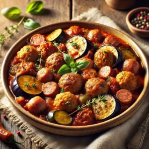 Gehaktballetjes gestoofd met aubergine en kleine cocktailworstjes in een Provençaalse tomaten-kruidensaus. Afgewerkt met verse tijm en basilicum, geserveerd in een keramische schaal op een rustieke houten tafel met een linnen servet ernaast, vastgelegd in warm natuurlijk licht.