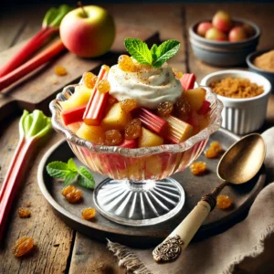 Een verfijnd dessert van rabarbercompote met zachte appelstukjes en gewelde rozijnen, geserveerd in een elegante glazen coupe. Een romige gembercrème met een vleugje basterdsuiker vormt een heerlijke topping. Het geheel is afgemaakt met een snufje bruine suiker en verse muntblaadjes. Op de achtergrond ligt een houten snijplank met verse rabarber, een gesneden appel en een schaaltje crème fraîche. De warme, natuurlijke belichting benadrukt de zachte texturen en frisse kleuren van dit zomerse nagerecht.