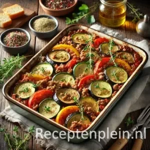 Ratatouille met gehakt, courgette en paprika in rustieke ovenschaal met Provençaalse kruiden op houten tafel.