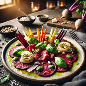 Ree Carpaccio met Wintergroenten en Basilicum Vinaigrette - recipecollector.eu
