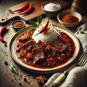 Een heerlijk Indonesisch gerecht met langzaam gestoofd rendangvlees, overgoten met een rijke, kokosachtige saus. Het rundvlees is diepbruin en boterzacht, gegarneerd met dun gesneden rode peper en knapperige taugé. Geserveerd met gestoomde witte rijst als perfecte aanvulling op de intense smaken. Naast het bord ligt een vintage lepel en een linnen servet op een rustieke houten tafel. Op de achtergrond een houten snijplank met extra rode pepers, een kommetje sambal en verse kruiden. De warme, natuurlijke belichting benadrukt de diepe smaken en rijke texturen van dit authentieke Indonesische gerecht.