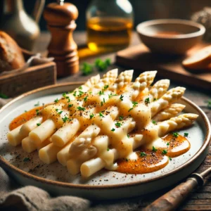 Witte asperges met romige, gesmolten Zwitserse kaas en een Rhône-geïnspireerde saus, gegarneerd met bieslook en zwarte peper, geserveerd op een rustieke houten tafel.
