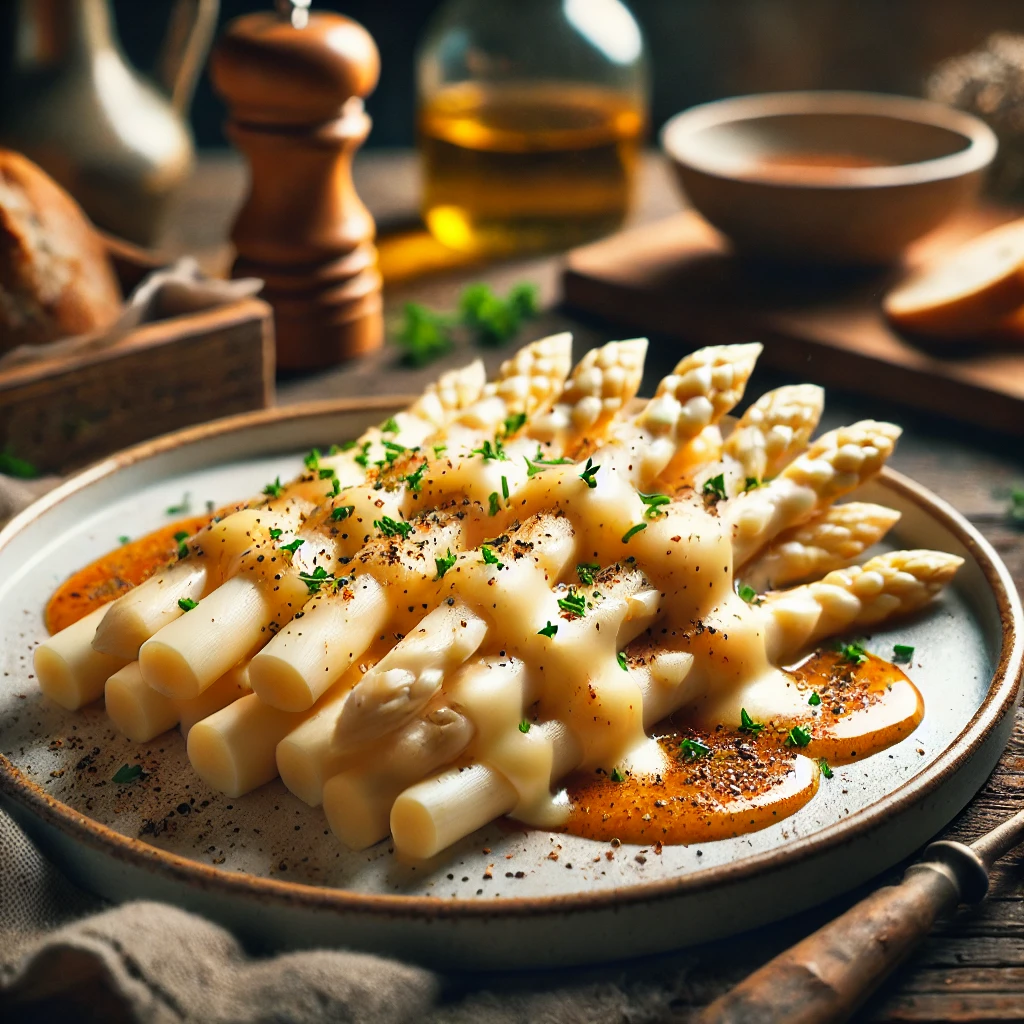 Witte asperges met romige, gesmolten Zwitserse kaas en een Rhône-geïnspireerde saus, gegarneerd met bieslook en zwarte peper, geserveerd op een rustieke houten tafel.