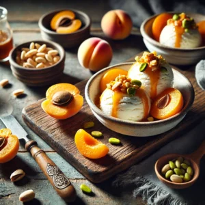 Een rustieke houten tafel met romig ricotta-ijs, geserveerd met zoete abrikozen en een krokante karameltoef met pijnboompitten en pistachenootjes. Het ijs is gegarneerd met karamelstukjes en verse abrikozenhelften. Ernaast liggen gekarameliseerde noten, een druppel karamel en een schijfje limoenschil.