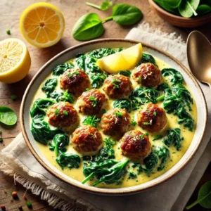 Haarscherpe afbeelding van goudbruine gehaktballetjes geserveerd op een bedje van spinazie, overgoten met een romige citroensaus met zeste. Afgewerkt met peterselie en dunne plakjes citroen in een wit keramisch kommetje op een rustieke houten tafel.