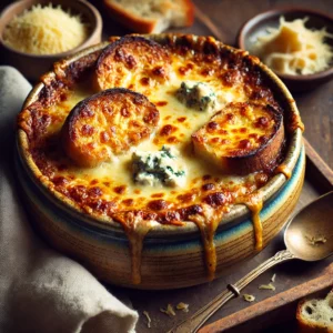 Een rijke, gegratineerde uiensoep met een knapperige laag gesmolten oude kaas en Roquefort, geserveerd in een rustieke keramische kom. Goudbruine stukjes stokbrood drijven in de soep, terwijl de gesmolten kaas bubbelt aan de oppervlakte. Op de houten tafel liggen een vintage lepel, een linnen servet en een schaaltje met extra kaas voor garnering. Zachte natuurlijke verlichting benadrukt de warme, troostrijke kleuren en rijke texturen van de soep.