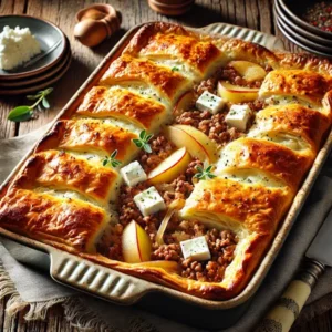 Haarscherpe afbeelding van een ovenschotel met sappig gehakt, appelblokjes en romige feta, afgedekt met een goudbruin bladerdeegkorstje. Geserveerd in een keramische ovenschaal op een rustieke houten tafel met opscheplepel en linnen servet ernaast.