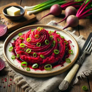 Een kleurrijk bord met rode bietenstamppot, waarbij de diepe rode kleur van de bieten prachtig vermengd is met romige aardappelpuree. Het gerecht is gegarneerd met fijngehakte bosui en een snufje zwarte peper. Op de rustieke houten tafel liggen een vintage vork en mes, een linnen servet, verse bieten, bosuien en een klein schaaltje boter. De warme, natuurlijke belichting benadrukt de rijke kleuren en texturen van het gerecht.